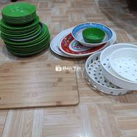Bộ chén đĩa Nhựa Gỗ Xanh Trắng Đỏ