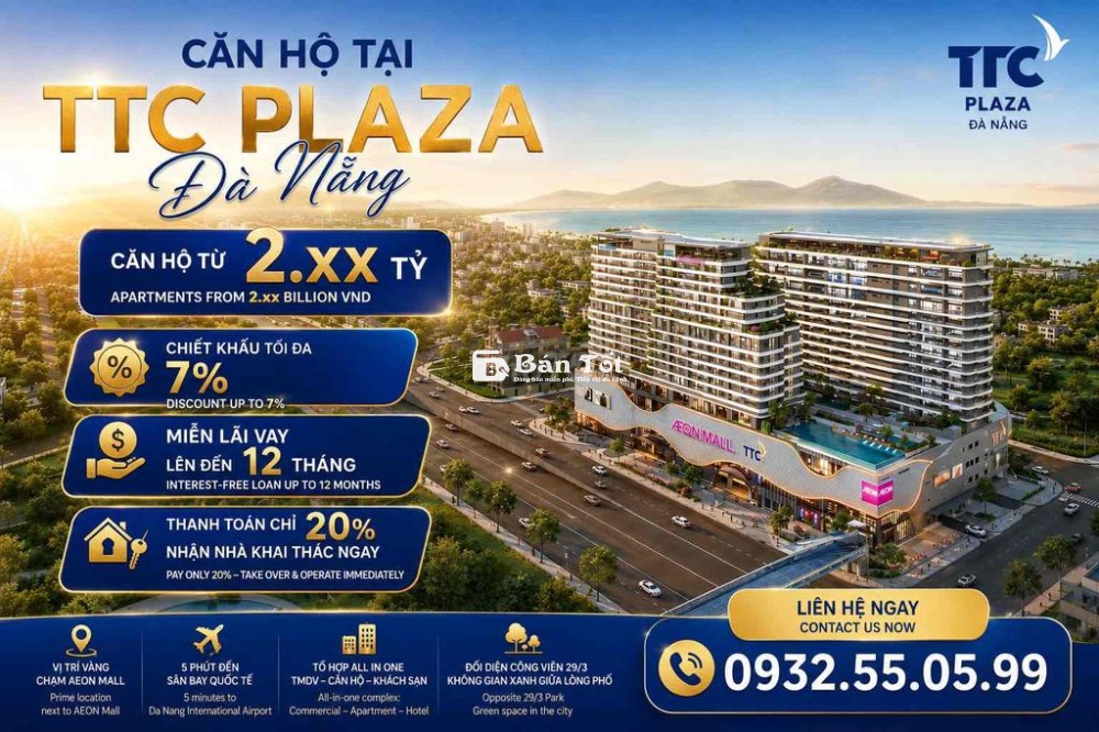 CĂN HỘ TTC PLAZA ĐÀ NẴNG CHỈ 2.x TỶ, Aeon Mall ở dưới đầy đủ tiện ích