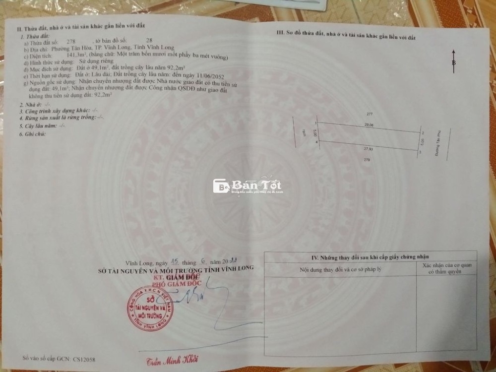 Cần Bán Đất Mặt Tiền Đường Tân Phú Thành Phố Vĩnh Long